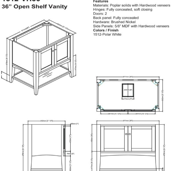 1512vh36s 600x600 - 36" Fairmont Designs Shaker Americana Open Shelf Vanity
